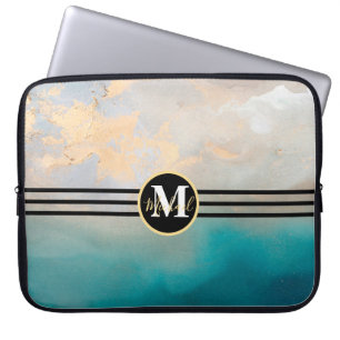 Monogrammed Gold and Turquoise Watercolor Laptop Sleeve