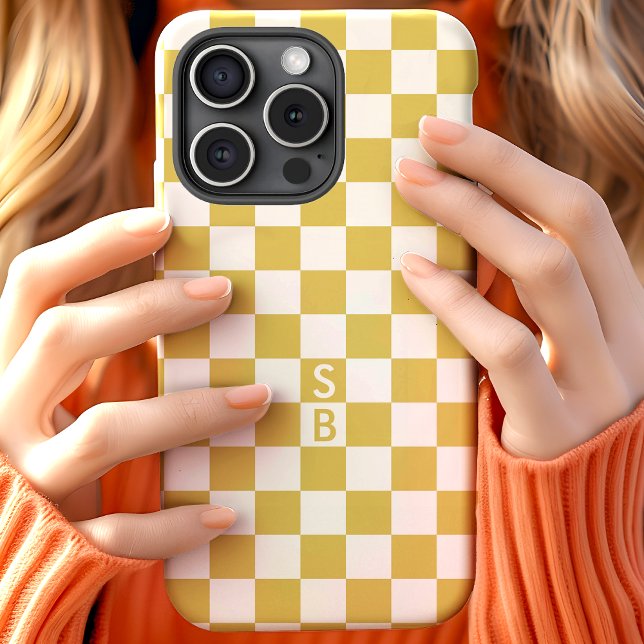 Monogrammed Gold And White Chequerboard Pattern Case-Mate iPhone Case (Creator Uploaded)