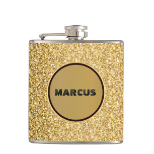 Monogrammed Gold And White Glitter Hip Flask