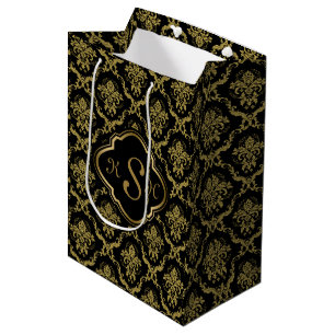 Monogrammed Gold & Black Floral Damasks Pattern Medium Gift Bag