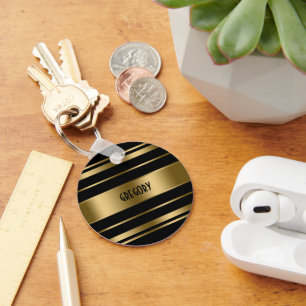 Monogrammed Gold & Black Stripes Pattern Key Ring