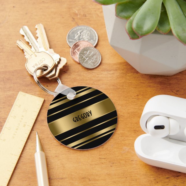 Monogrammed Gold & Black Stripes Pattern Key Ring (Desk)