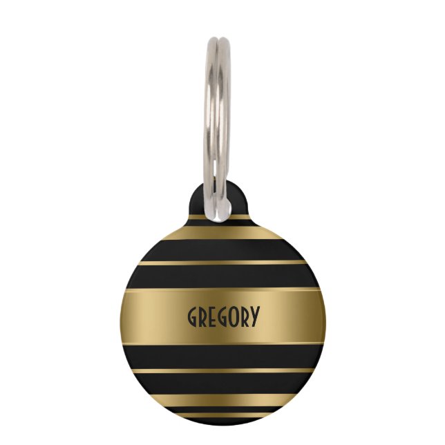 Monogrammed Gold & Black Stripes Pattern Pet Tag (Front)