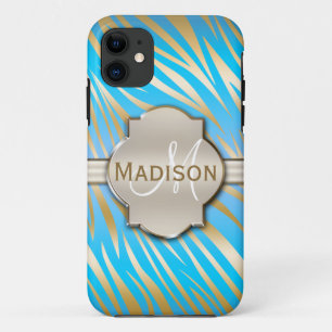 Monogrammed Gold Blue Zebra Print Pattern iPhone 11 Case