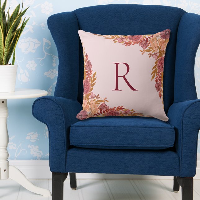 Monogrammed Gold Burgundy Fall Floral Cushion (In situ)