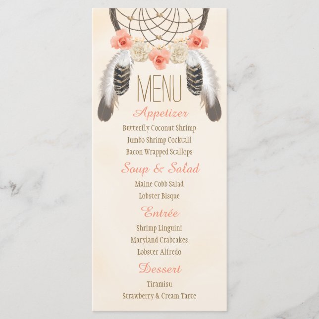 Monogrammed Gold Coral Dreamcatcher Wedding Menu (Front)
