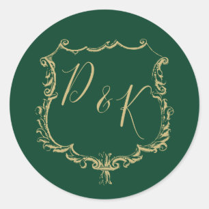 Monogrammed Gold Crest and Forest Green Wedding Classic Round Sticker