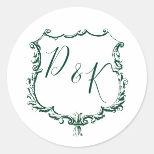 Monogrammed Gold Crest and Forest Green Wedding Classic Round Sticker