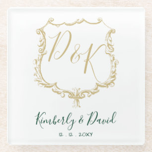 Monogrammed Gold Crest and Forest Green Wedding Glass Coaster