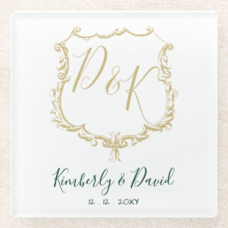 Monogrammed Gold Crest and Forest Green Wedding Glass Coaster