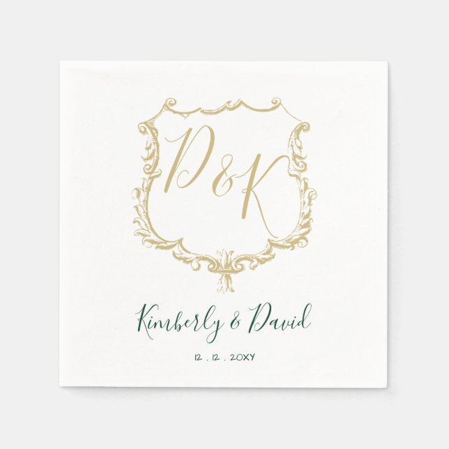 Monogrammed Gold Crest and Forest Green Wedding Napkin (Front)