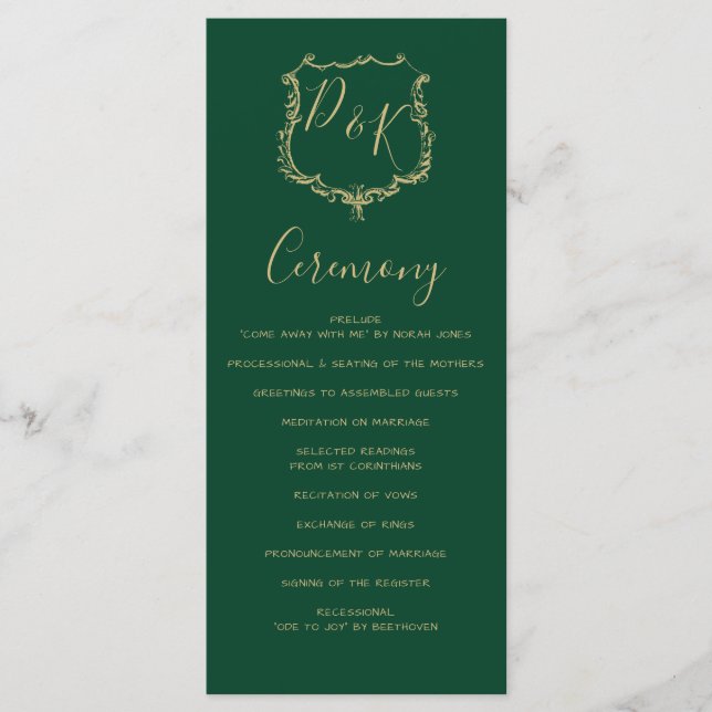 Monogrammed Gold Crest and Green Wedding programs Programme (Front)