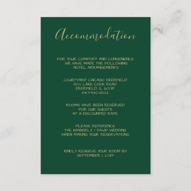 Monogrammed Gold Crest Green accommodation cards (Front)