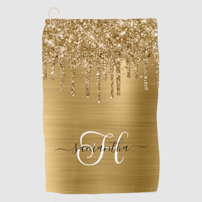 Monogrammed Gold Dripping Glitter Golf Towel (Front)