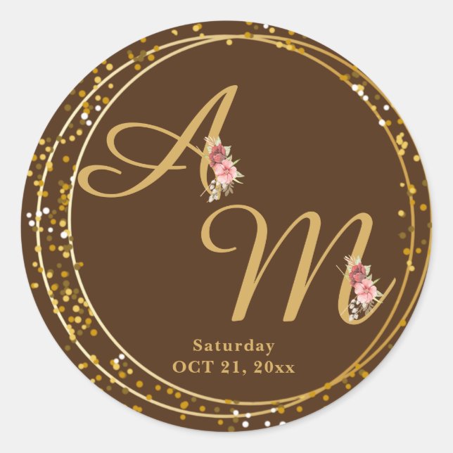 Monogrammed Gold Flower Minimal White Classic Round Sticker (Front)