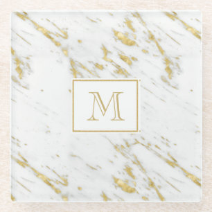 Monogrammed Gold Glitter Over White Marble Glass Coaster