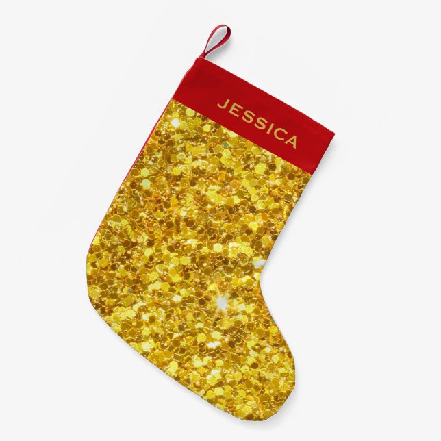 Monogrammed Gold Glitter Pattern Small Christmas Stocking (Front (Hanging))