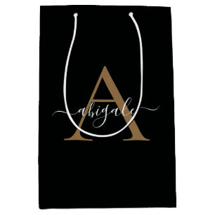 Monogrammed Gold Jade Black   Minimal Elegant Medium Gift Bag
