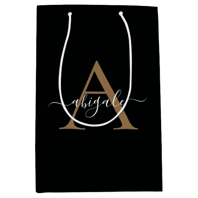 Monogrammed Gold Jade Black | Minimal Elegant Medium Gift Bag (Front)