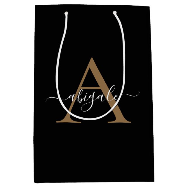 Monogrammed Gold Jet Black | Minimal Elegant Medium Gift Bag (Front)