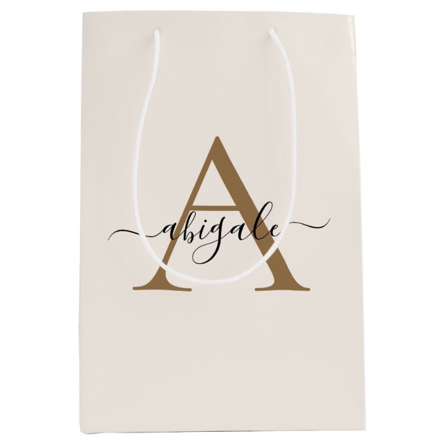 Monogrammed Gold Lace White | Minimal Elegant Medium Gift Bag (Front)