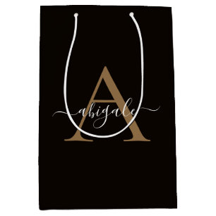 Monogrammed Gold Leather Black   Minimal Elegant Medium Gift Bag