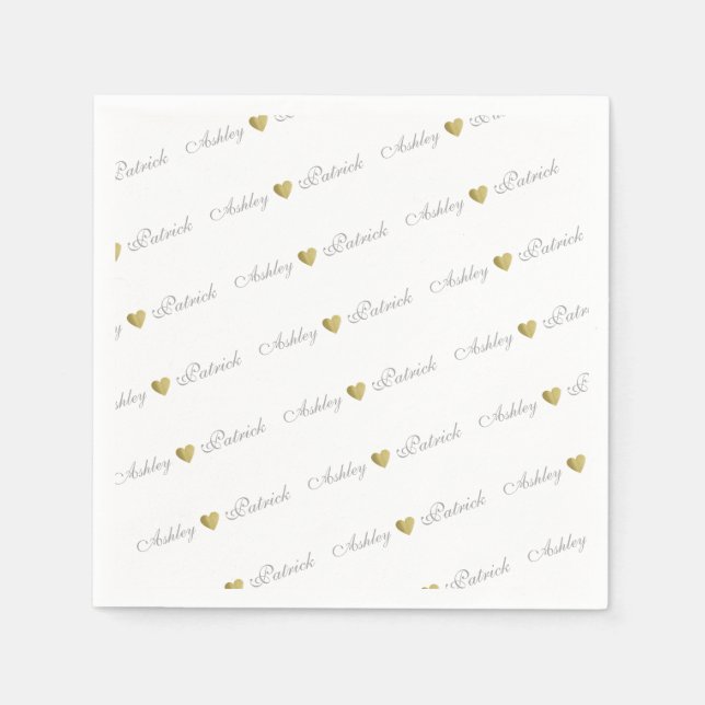 Monogrammed + gold love hearts, wedding napkin (Front)