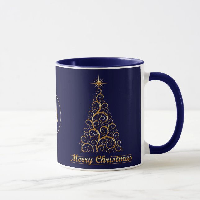 Monogrammed Gold Merry Christmas Tree Star Holiday Mug (Right)