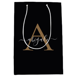 Monogrammed Gold Midnight Black Minimal Elegant Medium Gift Bag