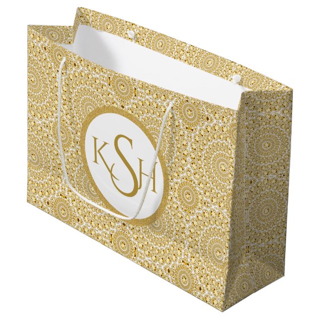 Monogrammed Gold On White Diamond Circles Pattern Large Gift Bag (Front Angled)