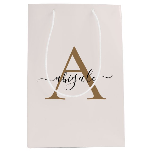 Monogrammed Gold Pearl White | Minimal Elegant Medium Gift Bag (Front)