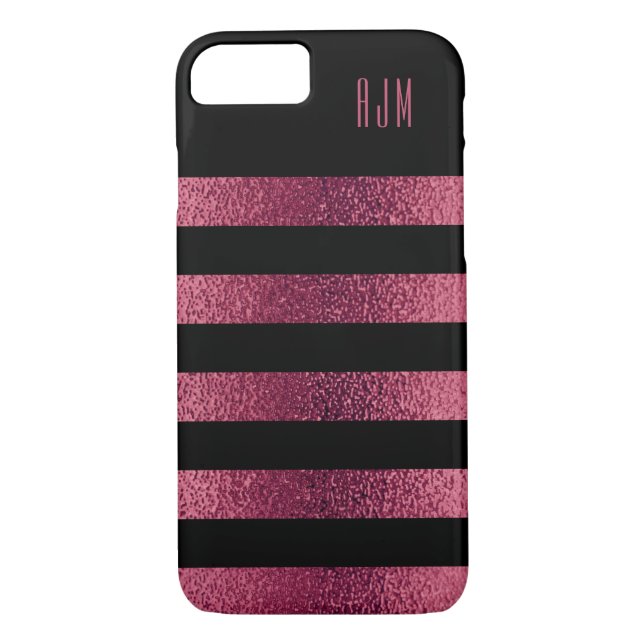 Monogrammed Gold PINK Stripes Black Background Case-Mate iPhone Case (Back)