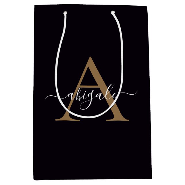 Monogrammed Gold Pitch Black | Minimal Elegant Medium Gift Bag (Front)