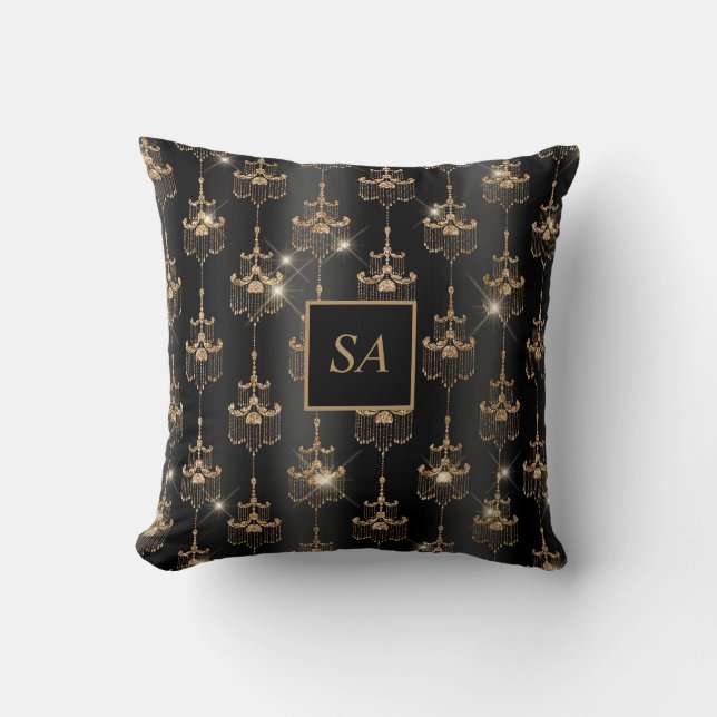 Monogrammed Gold Sparkle Chandelier Black Cushion (Front)