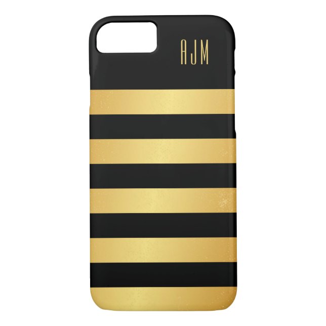 Monogrammed Gold Stripes Over Black Background Case-Mate iPhone Case (Back)