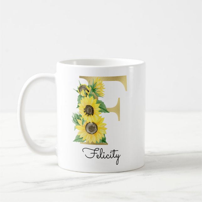 Monogrammed Gold Sunflower Floral Initial F Coffee Mug (Left)