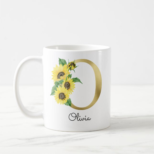 Monogrammed Gold Sunflower Floral Initial O Coffee Mug (Left)