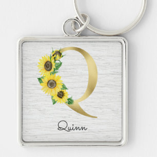 Monogrammed Gold Sunflower Floral Initial Q Key Ring