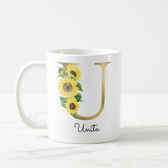 Monogrammed Gold Sunflower Floral Initial U Coffee Mug (Left)
