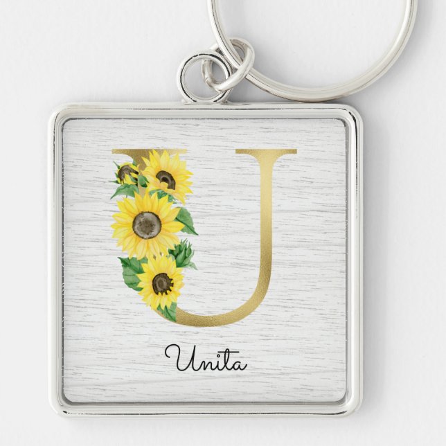 Monogrammed Gold Sunflower Floral Initial U Key Ring (Front)