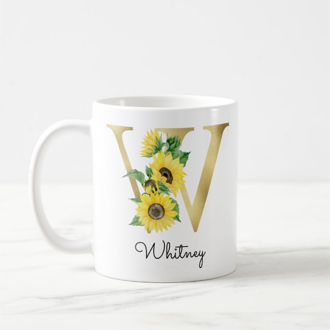 Monogrammed Gold Sunflower Floral Initial W Coffee Mug (Left)