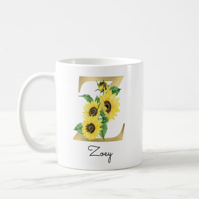 Monogrammed Gold Sunflower Floral Initial Z Coffee Mug (Left)