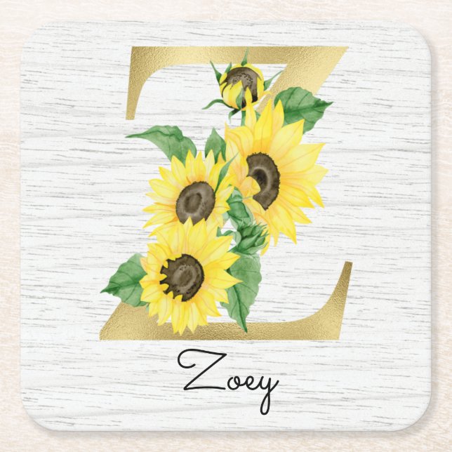 Monogrammed Gold Sunflower Floral Initial Z Square Paper Coaster (Front)