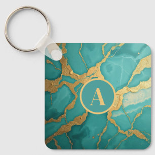 Monogrammed Gold & Teal Luxe Marble Key Ring