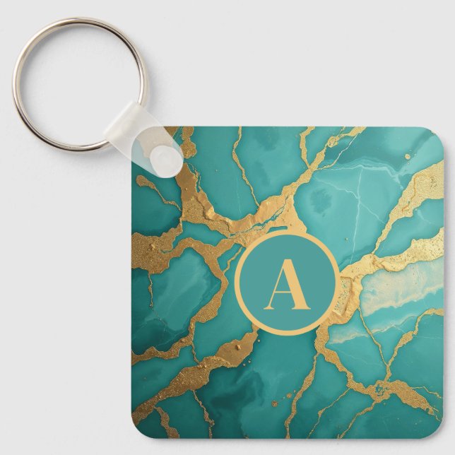 Monogrammed Gold & Teal Luxe Marble Key Ring (Front)