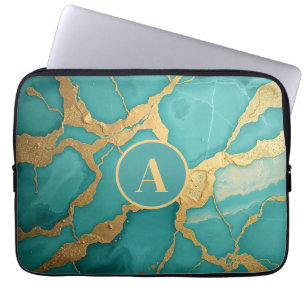 Monogrammed Gold & Teal Luxe Marble Laptop Sleeve