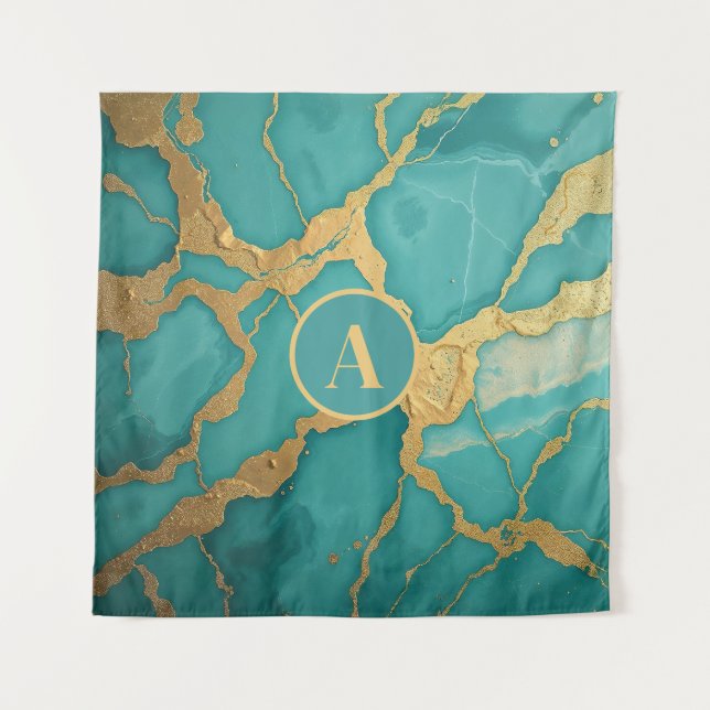 Monogrammed Gold & Teal Luxe Marble Tapestry (Front)
