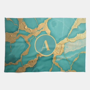 Monogrammed Gold & Teal Luxe Marble Tea Towel
