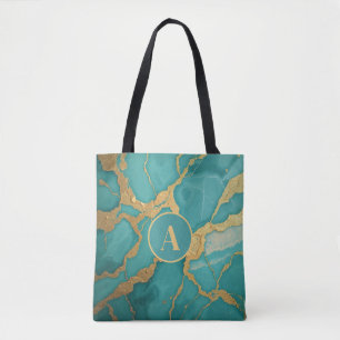 Monogrammed Gold & Teal Luxe Marble Tote Bag