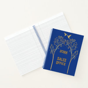 Monogrammed Gold Trees with Birds on Blue   Notebook